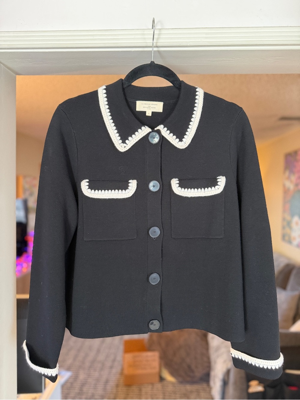 Sézane Betty Cardigan Black & Ecru Crochet - Size L
